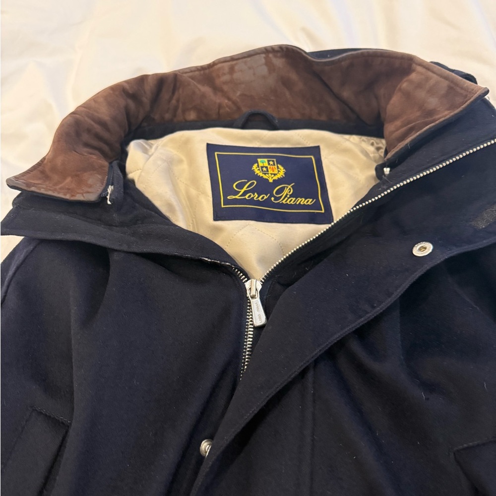 Loro Piana Dark Blue 100% Cashmere Jacket with Rich Brown Suede Collar
